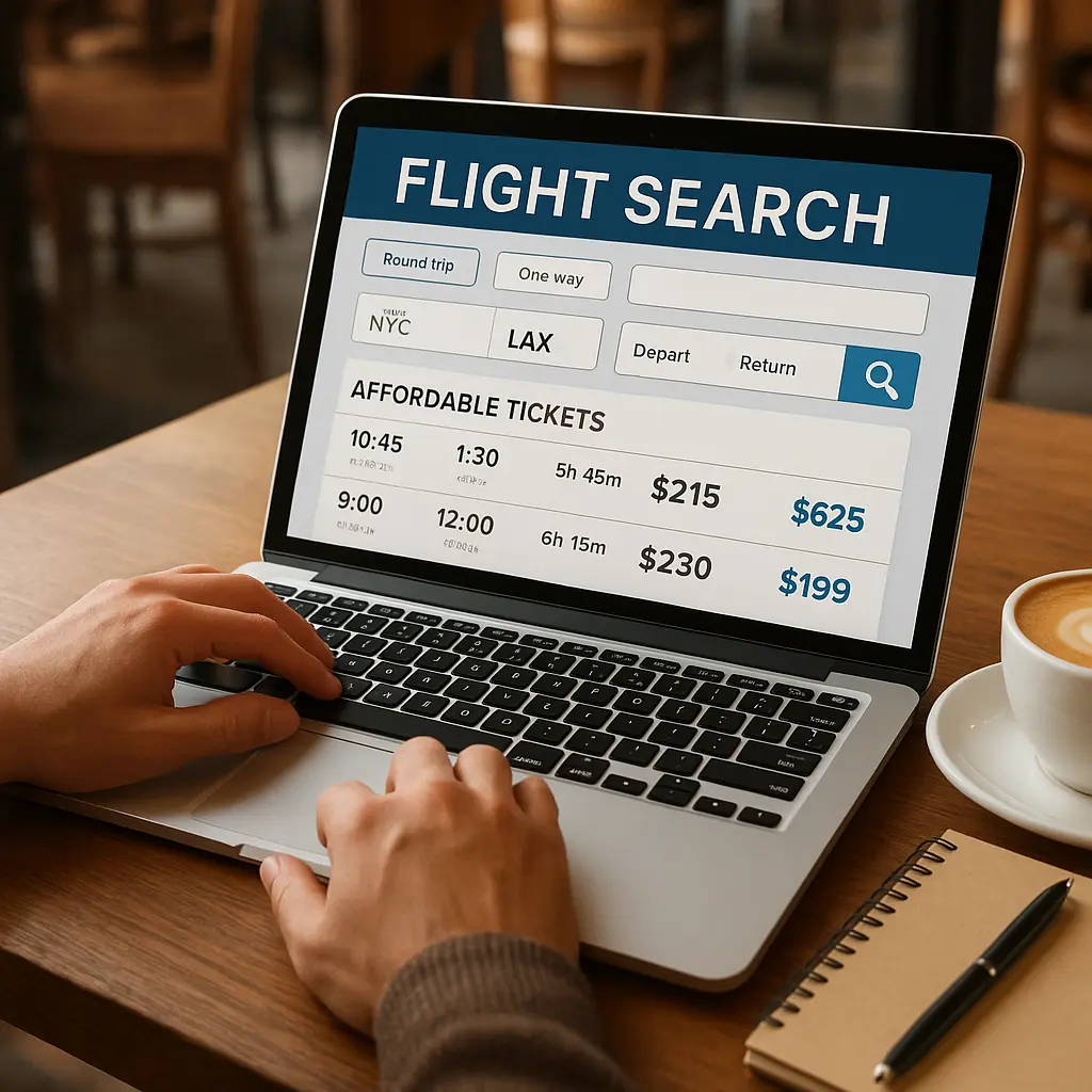 Traveler searching for affordable flight tickets on a laptop
