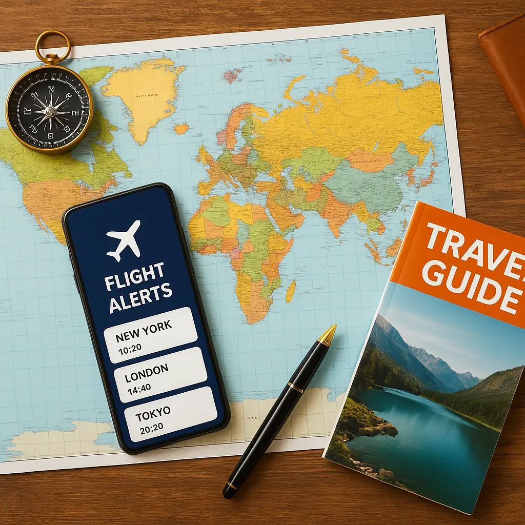 Travel planning setup with map, smartphone, and guidebook